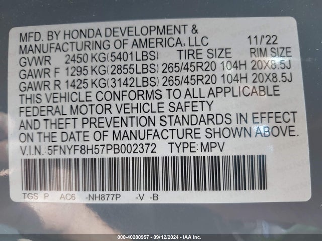 Honda Passport Awd Ex-l 2023 5FNYF8H57PB002372 Image 9