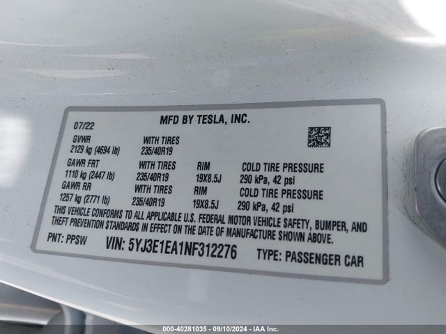 2022 TESLA MODEL 3 5YJ3E1EA1NF312276 Photo 8