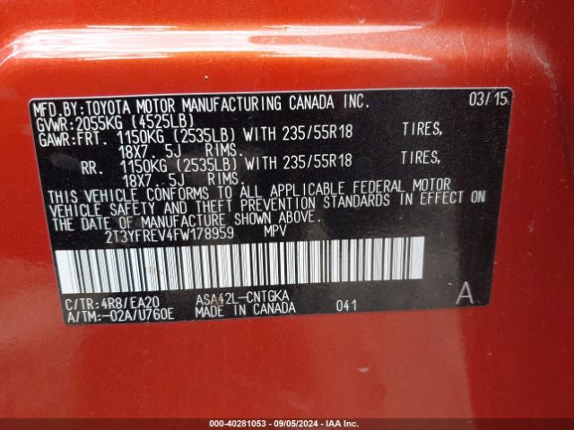 2T3YFREV4FW178959 Toyota Rav4 Limited