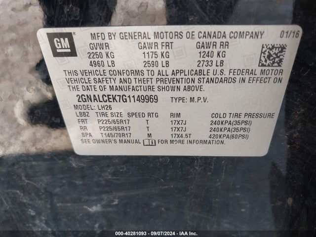 Chevrolet EQUINOX LT 2016 2GNALCEK7G1149969 Image 9