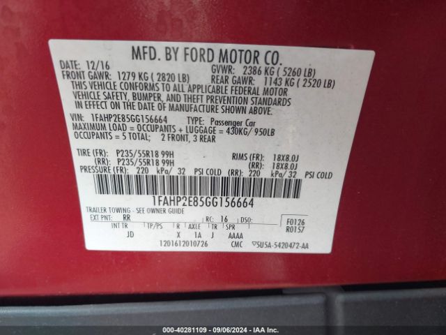 1FAHP2E85GG156664 Ford TAURUS SEL