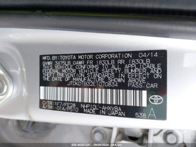 JTDKDTB32E1070834 Toyota Prius C One