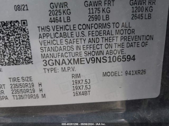 3GNAXMEV9NS106594 Chevrolet Equinox Fwd Rs