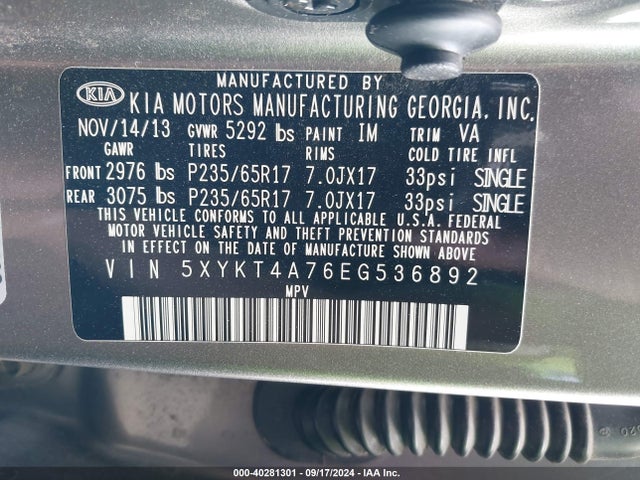 KIA Sorento Lx V6 2014 5XYKT4A76EG536892 Image 9