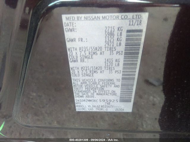 5N1DR2MM3KC595925 Nissan Pathfinder Sl