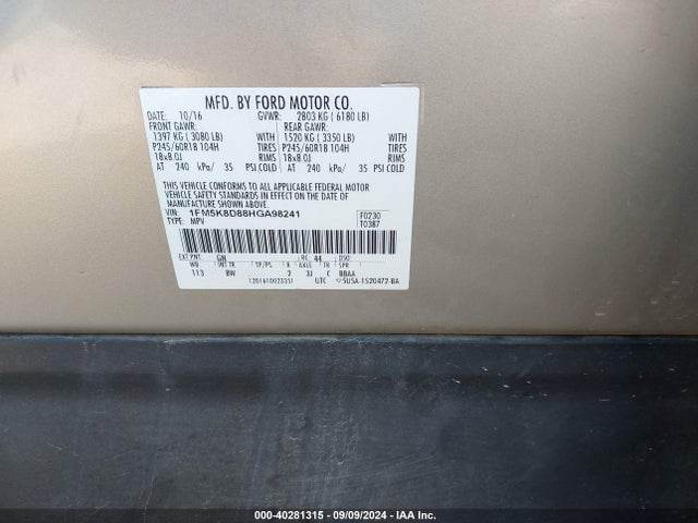 Ford EXPLORER XLT 2017 1FM5K8D88HGA98241 Image 9