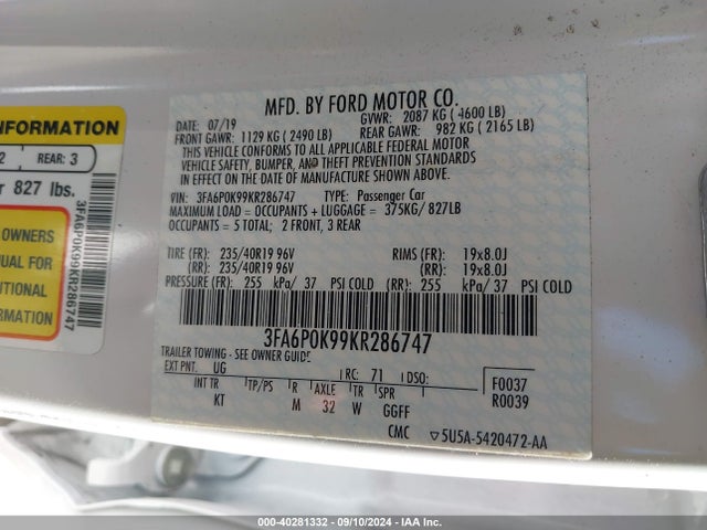 Ford Fusion Titanium 2019 3FA6P0K99KR286747 Image 9