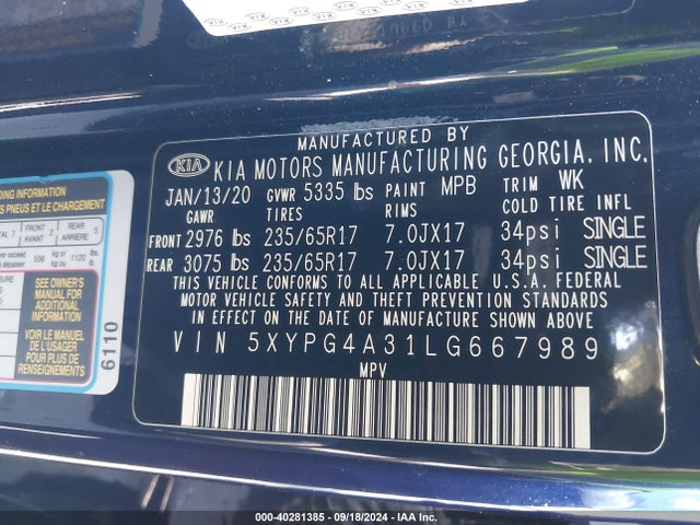 KIA Sorento 2.4l Lx 2020 5XYPG4A31LG667989 Image 9