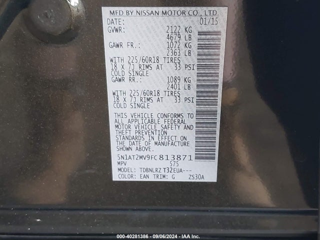 2015 Nissan Rogue Sl მანქანა იყიდება აუქციონზე, vin: 5N1AT2MV9FC813871, აუქციონის ნომერი: 40281386