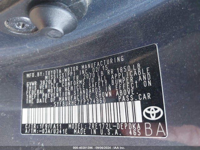 Toyota COROLLA L 2015 5YFBURHE7FP274960 Image 9