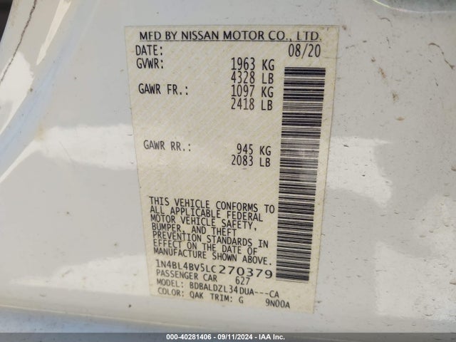 Aukcja sprzedaży 2020 Nissan Altima S Fwd, vin: 1N4BL4BV5LC270379, numer aukcji: 40281406