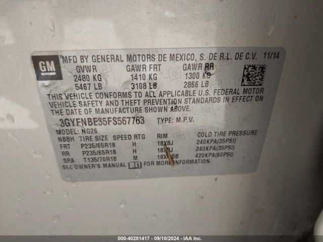 3GYFNBE35FS567763 Cadillac Srx Luxury Collection
