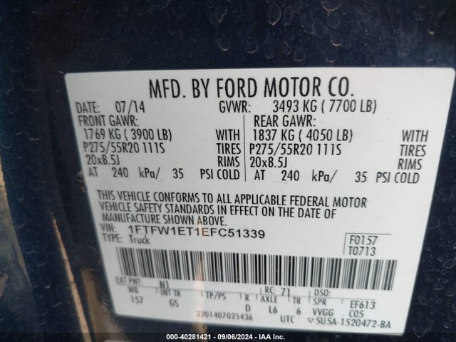 Ford F-150 Xlt 2014 1FTFW1ET1EFC51339 Image 9