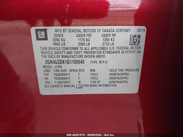 Chevrolet EQUINOX LT 2016 2GNALCEK1G1158943 Image 9