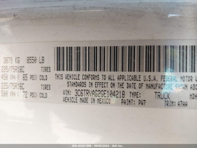 3C6TRVAG2GE104218 RAM Promaster 1500 Low Roof