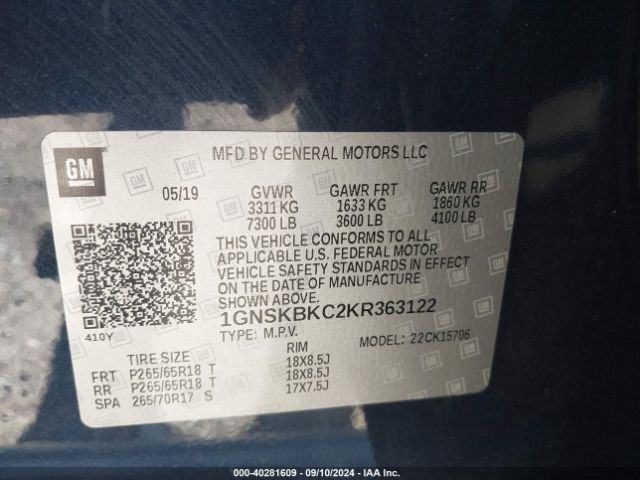 1GNSKBKC2KR363122 Chevrolet Tahoe Lt