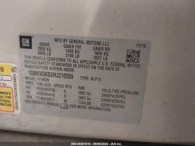 1GNKVGKD2HJ216559 Chevrolet Traverse 1lt