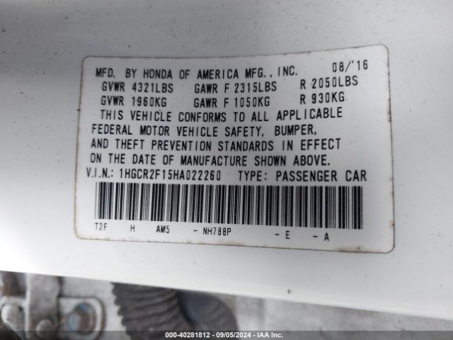 1HGCR2F15HA022260 Honda Accord Sport Se