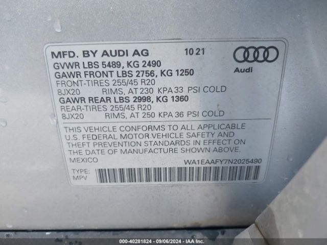 WA1EAAFY7N2025490 Audi Q5 Premium Plus 45 Tfsi S Line Quattro S Tronic
