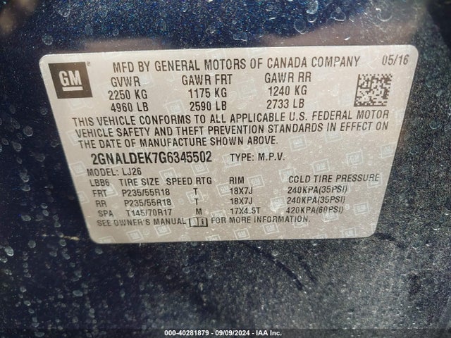 Chevrolet Equinox Ltz 2016 2GNALDEK7G6345502 Image 9