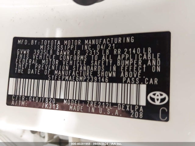 Toyota COROLLA LE 2021 5YFEPMAE6MP239146 Image 9
