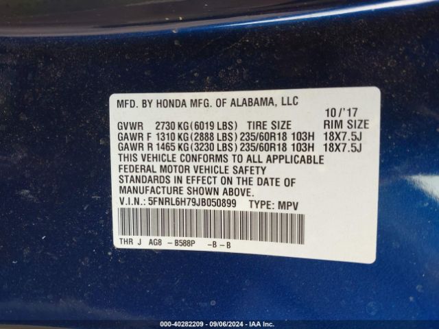 5FNRL6H79JB050899 Honda Odyssey Ex-l