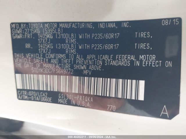 5TDYK3DC7FS649772 Toyota Sienna Xle 8 Passenger