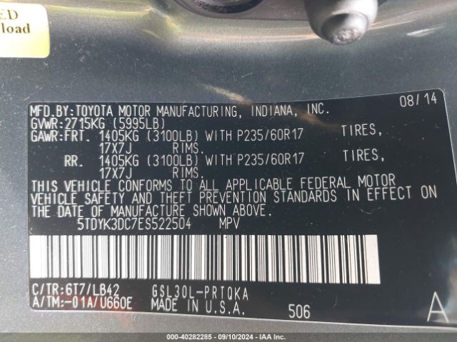 5TDYK3DC7ES522504 Toyota Sienna Xle V6 8 Passenger
