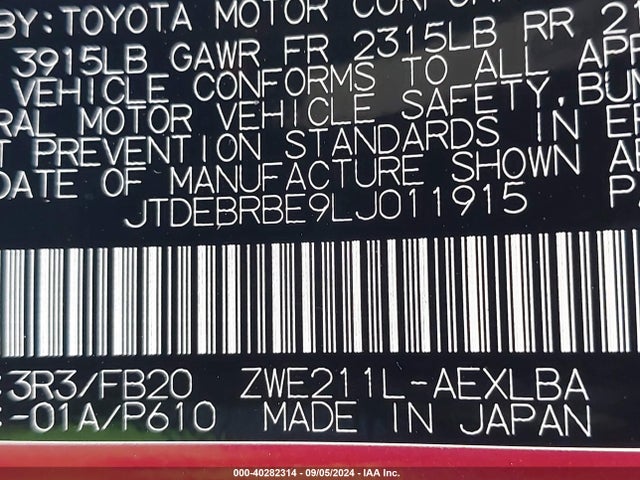 Toyota Corolla Hybrid Le 2020 JTDEBRBE9LJ011915 Image 9