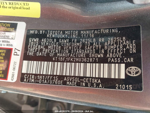Toyota CAMRY SE 2017 4T1BF1FK2HU362871 Image 9