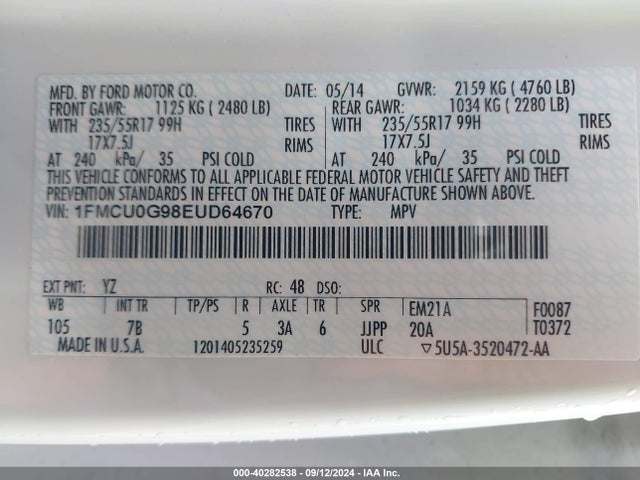 Ford ESCAPE SE 2014 1FMCU0G98EUD64670 Image 9