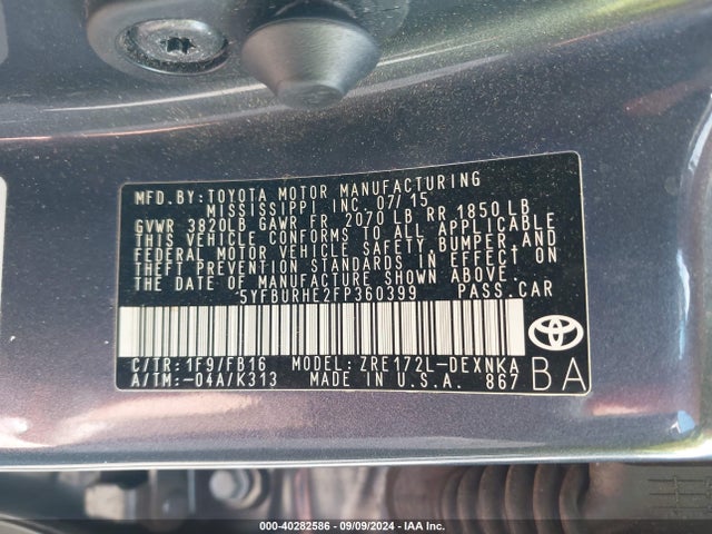 Toyota Corolla Le/le Plus/le Premium 2015 5YFBURHE2FP360399 Image 9