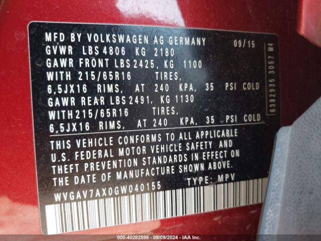WVGAV7AX0GW040155 Volkswagen TIGUAN S