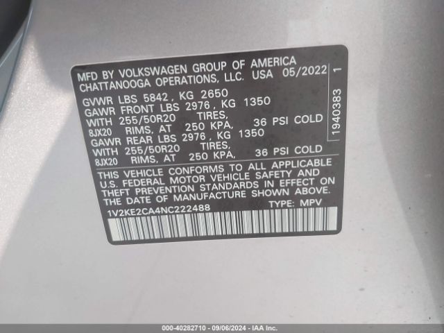 1V2KE2CA4NC222488 Volkswagen Atlas Cross Sport 3.6l V6 Se W/technology