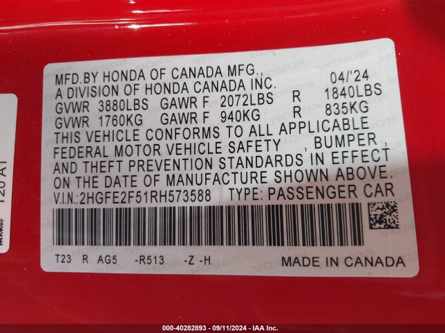 Honda Civic Sport 2024 2HGFE2F51RH573588 Image 9