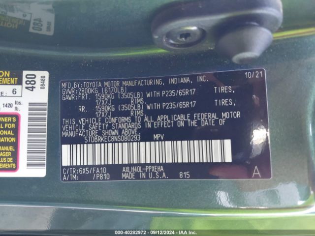 5TDBRKEC8NS080293 Toyota SIENNA LE