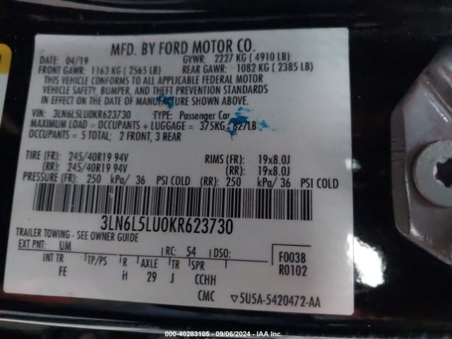 3LN6L5LU0KR623730 Lincoln Mkz Hybrid Reserve I