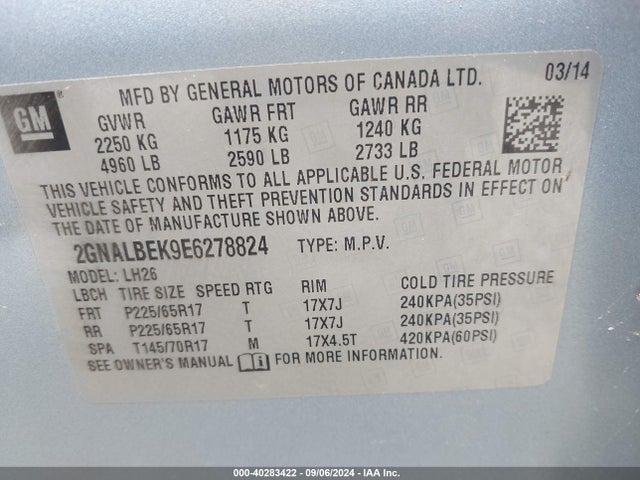 Chevrolet EQUINOX 1LT 2014 2GNALBEK9E6278824 Image 9