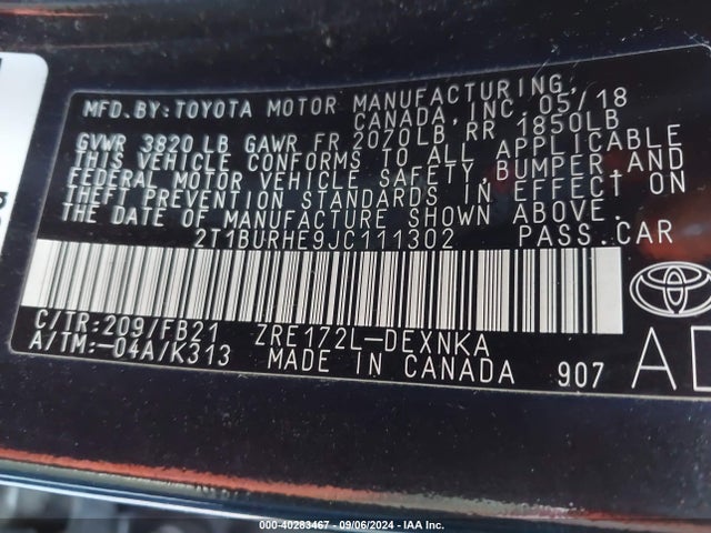 Toyota COROLLA LE 2018 2T1BURHE9JC111302 Image 9