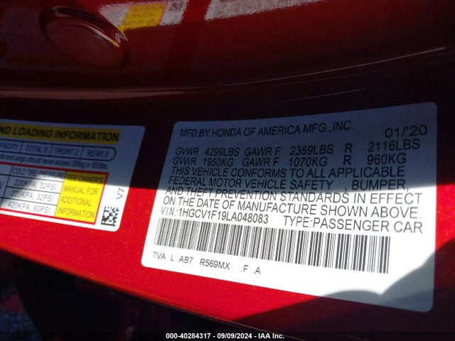 Продаж на аукціоні авто 2020 Honda Accord Lx, vin: 1HGCV1F19LA048083, номер лоту: 40284317