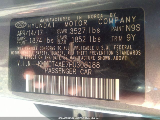 KMHCT4AE7HU308188 Hyundai ACCENT SE
