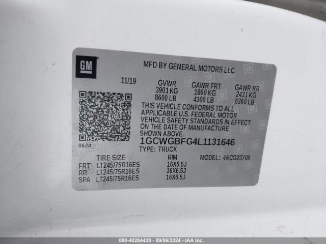 1GCWGBFG4L1131646 Chevrolet Express Cargo Rwd 2500 Extended Wheelbase Wt