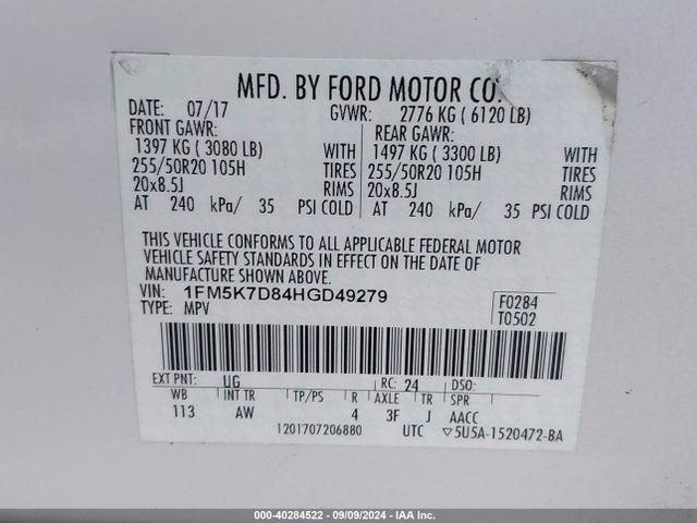 Ford EXPLORER XLT 2017 1FM5K7D84HGD49279 Image 9