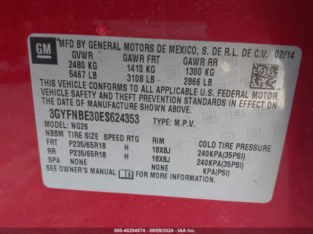 3GYFNBE30ES624353 Cadillac Srx Luxury Collection