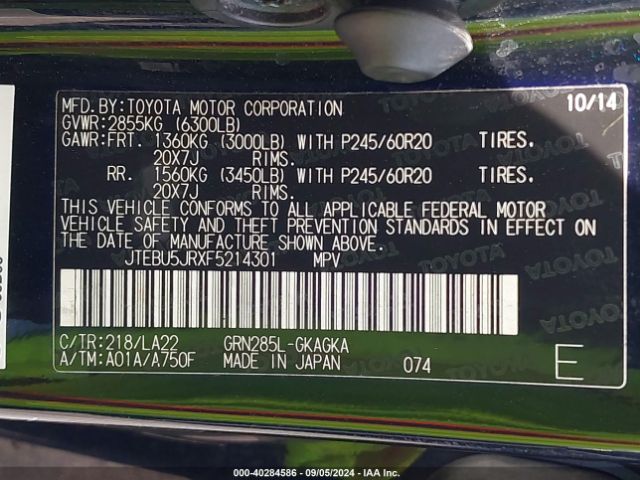 JTEBU5JRXF5214301 Toyota 4runner Limited