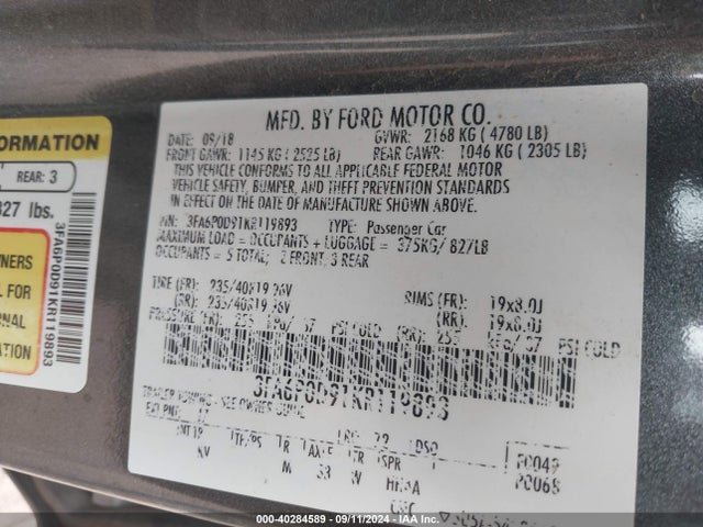 Ford Fusion Titanium 2019 3FA6P0D91KR119893 Image 9