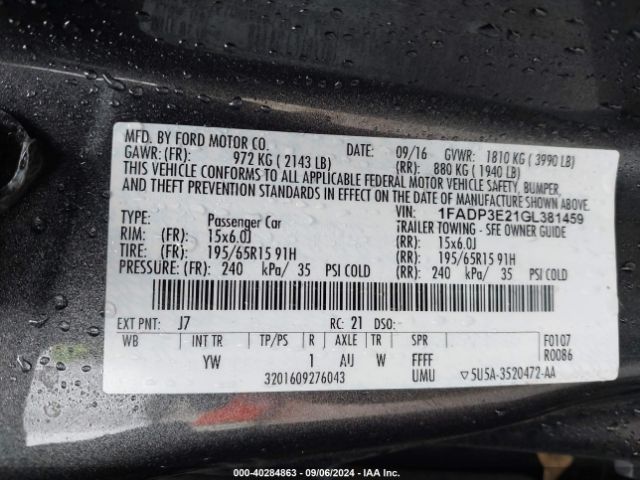 1FADP3E21GL381459 Ford FOCUS S