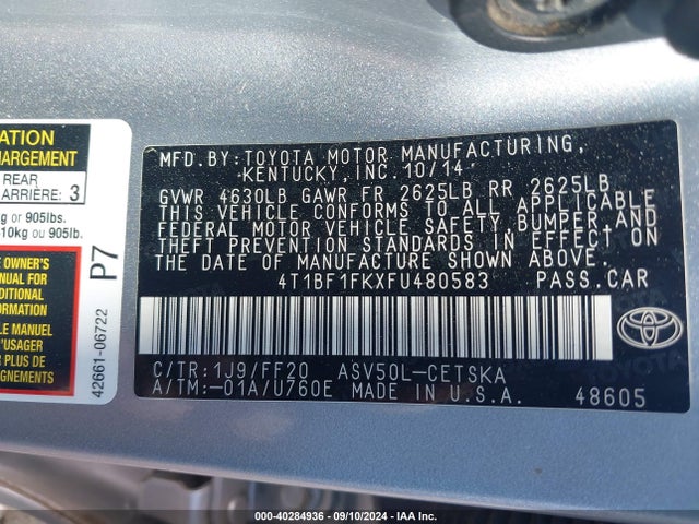 Toyota CAMRY SE 2015 4T1BF1FKXFU480583 Image 9