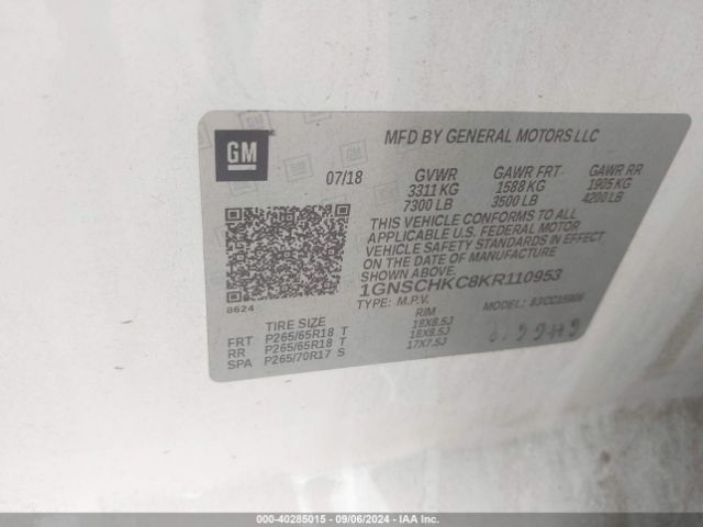 1GNSCHKC8KR110953 Chevrolet Suburban Lt