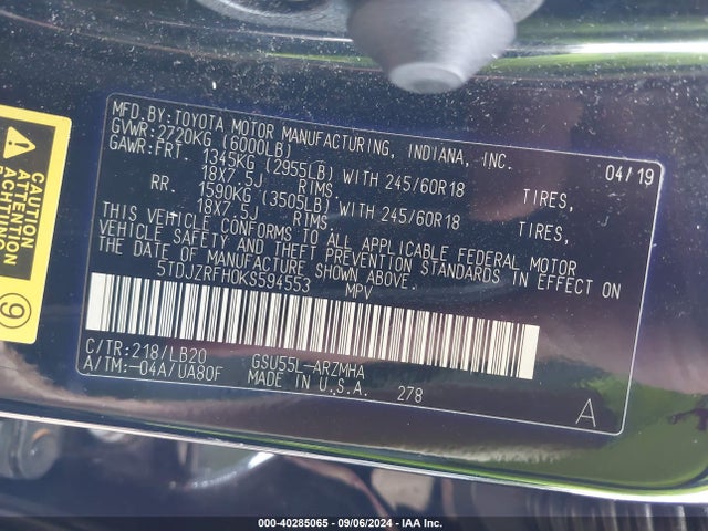 Toyota Highlander Xle 2019 5TDJZRFH0KS594553 Image 9